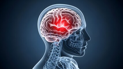 Migraine symptoms and cerebral blood flow. Neurology and mental health diagnosis. Blue silhouette of a human head showing a detailed brain with a red glowing area of pain