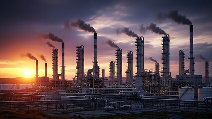 Industrial refinery complex with smoking chimneys at sunset, industrial landscape
