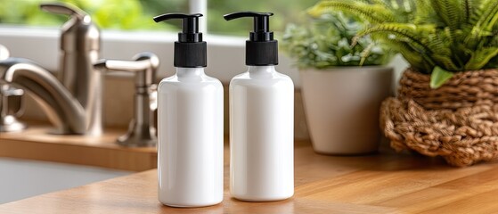 Close-up view of two white bottles with black pumps on a modern bathroom counter with a blurred background in soft lighting