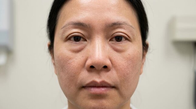 Subclinical Hypothyroidism Early Physical Signs, Adult Face Close Up with Subtle Periorbital Puffiness and Dry Skin Texture