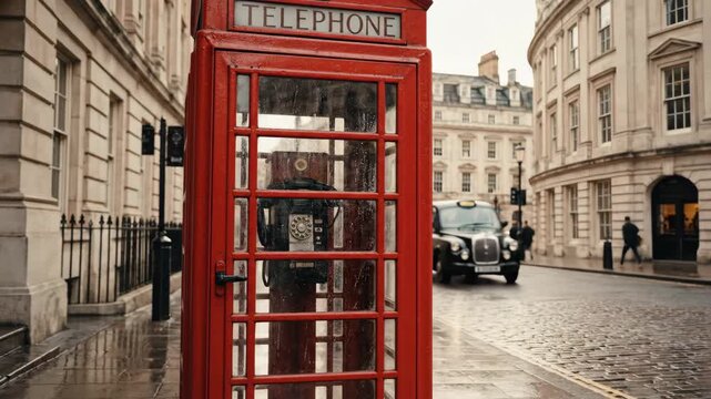 Classic Red Telephone Box in London - This shot shows a rainy day in London with a blurred woman walking past the iconic red telephone booth.