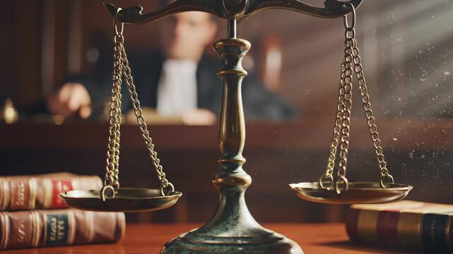 Scales of Justice in Courtroom Setting - A close-up shot shows the scales of justice centered with vintage law books in the foreground, with a judge slightly out of focus in the background.