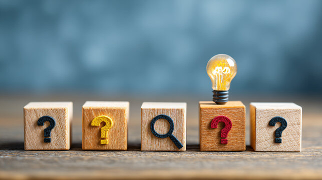 Wooden blocks with symbols and a light bulb on a wooden surface. - Powered by Adobe