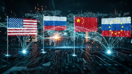 Global digital connections between USA, Russia, China, and EU flags on circuit board