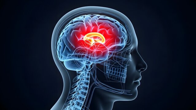 Limbic system and emotional brain center anatomy. Neurology and memory function. Side view of a transparent head with the brain and a highlighted yellow hippocampus structure
