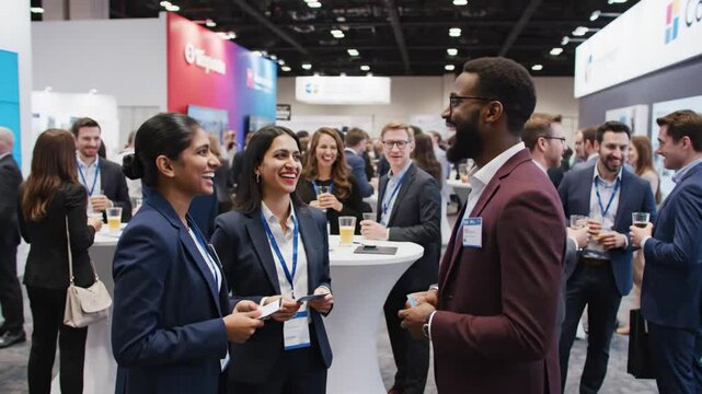 Networking at a Business Conference - A diverse group of business professionals are networking at a conference, exchanging business cards and having conversations.