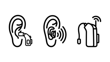 Icons representing hearing devices: behind-the-ear hearing aid, in-ear hearing aid, and wireless assistive listening device.
