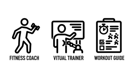Icons depicting fitness coach, virtual trainer, and workout guide for personal training, exercise planning, and online fitness