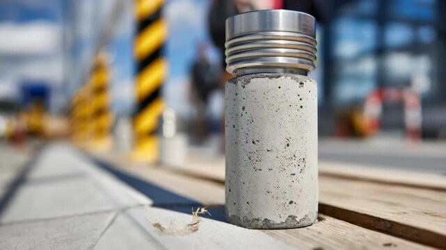 Close medium shot of hybrid bollard with combined concrete core and steel casing illustrating modern mooring post strength