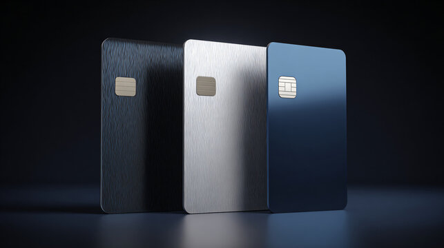 three modern credit cards in black, silver, and blue with chip technology