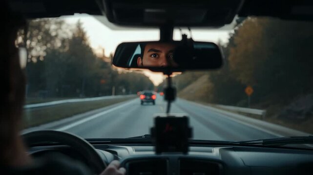 Following lead car on rural highway at dusk, driver glancing into rearview mirror, dashcam visible