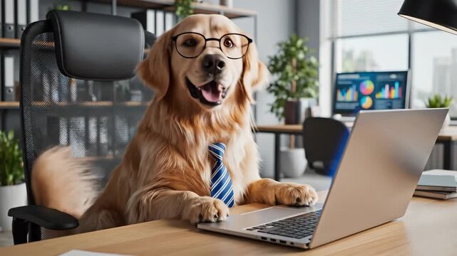 Dog Working on Laptop - A golden retriever wearing glasses sits in an office chair while using a laptop computer on a desk. The workspace is tidy with a second monitor showing charts and graphs.
