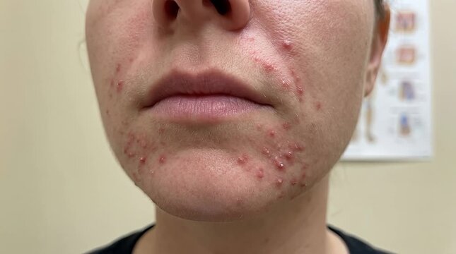 Perioral Dermatitis Close Up Video, Lower Face Rash Pattern With Small Red Papules Around Mouth Sparing Lips