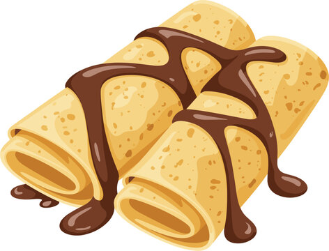 Sweet French crepes with melted chocolate sauce drizzle vector illustration, delicious dessert for cafe menu design