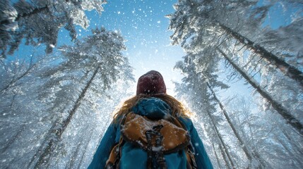 Explore adventure outdoor in National Park. A person wearing a blue jacket and a maroon cap standing in a snowcovered forest. The trees are covered in a blanket of white snow.
