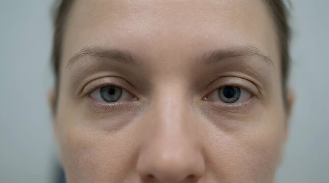 Anisocoria Unequal Pupil Size Close Up of Adult Eyes, Benign Presentation, Neutral Gaze, Subtle Blinking