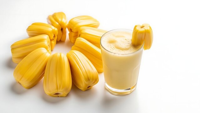 Jackfruit Juice in a Glass with Fresh Jackfruit Segments on a White Background drink beverage