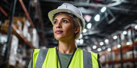 Professional female supervisor in hard hat and safety vest standing in a large industrial warehouse or distribution center.