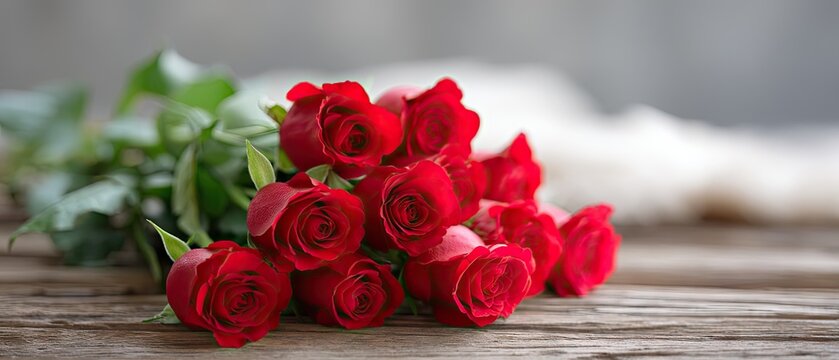 Bouquet of red roses on an old wooden table for love and romance events, perfect for Valentine's Day or Mother's Day celebrations