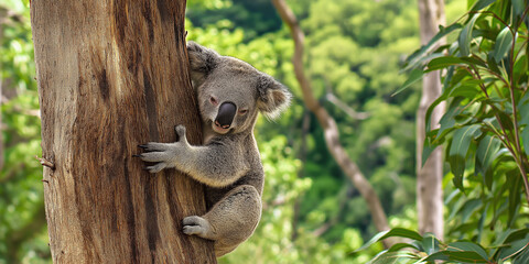 A cute koala bear clinging to a tree trunk in its natural habitat within a lush green eucalyptus forest in Australia.