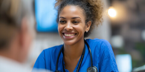 Smiling Black female nurse in blue scrubs with stethoscope talking to a patient in a modern hospital clinic.