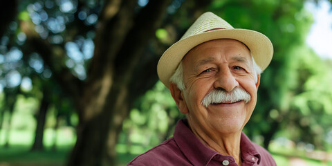Portrait of a happy senior man with a white mustache and straw hat smiling warmly in a sunny park.