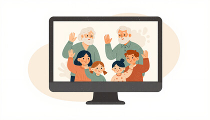 Family video call connecting remotely on computer illustration