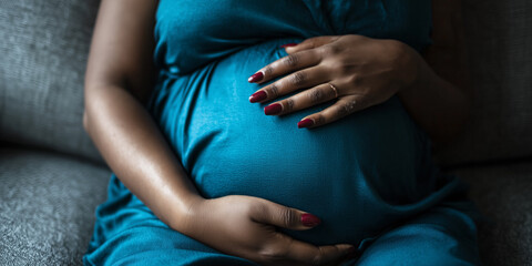 Close-up of a pregnant African American woman in a blue dress gently holding her belly while sitting on a couch.