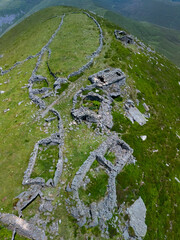 A group of ruined Pasiegan cabins located near Yera, called Caba&ntilde;al "La Marrulla," at an altitude of 1,380 meters. Vega de Pas Municipality, Pasiegan Valleys, Cantabria, Spain, Europe