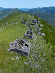 A group of ruined Pasiegan cabins located near Yera, called Caba&ntilde;al "La Marrulla," at an altitude of 1,380 meters. Vega de Pas Municipality, Pasiegan Valleys, Cantabria, Spain, Europe