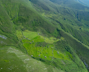 A group of ruined Pasiegan huts located near Yera. Vega de Pas Municipality. Pasiegan Valleys. Cantabria. Spain. Europe