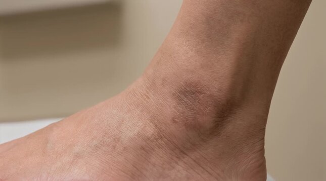 Lichen Simplex Chronicus on Ankle Skin, Close Up Dermatology Reference, Localized Thickened Texture with Mild Discoloration