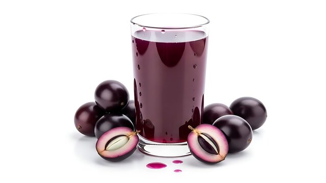 Purple Star Apple Juice in a Glass with Whole and Halved Star Apples on White Background caimito drink