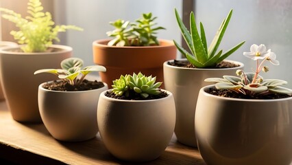 Assortment of Potted Plants Including Succulents, Aloe Vera, and a Fern on a Wooden Ledge houseplants