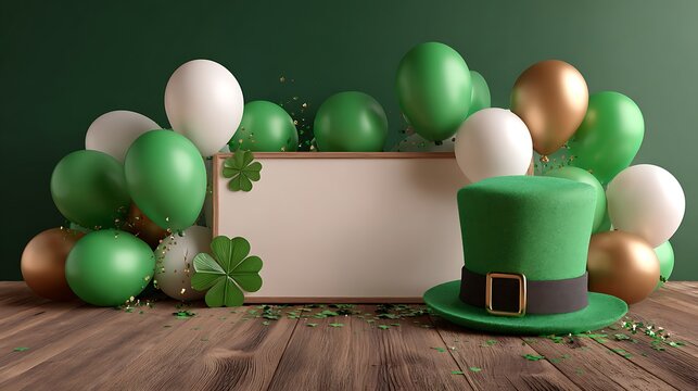 St patrick s day festive arrangement with balloons clover and a leprechaun hat - Powered by Adobe