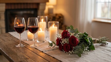 Romantic dinner setting with red wine and a bouquet of roses on a rustic table. Cozy evening for two with candlelight by the fireplace. Anniversary and Valentine's Day celebration concept
