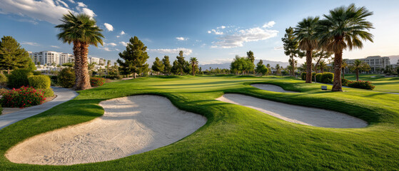 Obraz premium Landscape with scenic golf course and sand traps, green fairways, and palm trees under a sunny blue sky with clouds in resort in summer, panoramic view