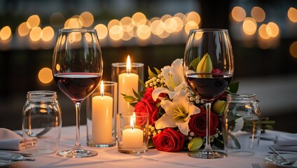Romantic dinner table setting with red wine and candles at night. Elegant centerpiece with roses and lilies for a special occasion. Intimate atmosphere with a warm bokeh light background