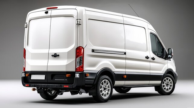 Blank white commercial cargo van mockup. Delivery truck for transport and logistics services isolated on a gray studio background - Powered by Adobe