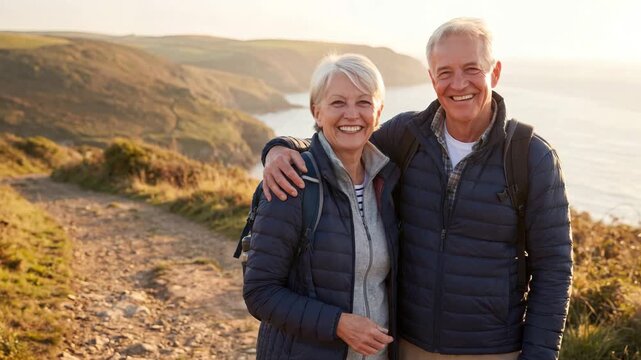 Happy Senior Couple Embracing on Scenic Hiking Trail at Sunset  Active Retirement Lifestyle Video