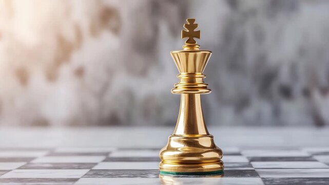 Golden chess king piece standing on black and white chessboard symbolizing strategy leadership game board piece in calm setting for chess enthusiasts