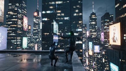 Cyberpunk Assassins on Rooftop at Night Cityscape, Neon Lights, Futuristic City