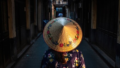 Person Walking in Alleyway with Illuminated Decorated Conical Hat