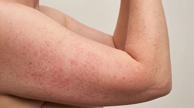 Keratosis Pilaris Rubra on Upper Arms, Red KP Variant Dermatology Reference, Close Up Showing Diffuse Redness and Follicular Bumps