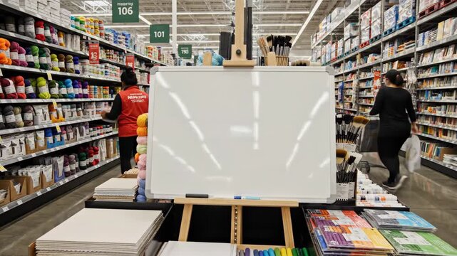Blank Whiteboard Display in Craft Store Aisle - A blank whiteboard on an easel stands in the center of an aisle in a well-lit craft and hobby store.
