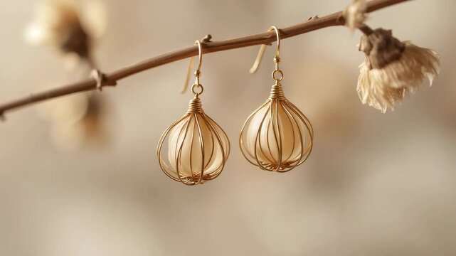 Swaying gold wire cage drop earrings rotating on dried twig in studio, breeze revealing pearls