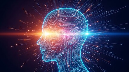 Glowing digital human head with bright light