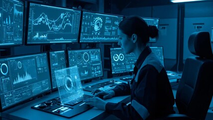 Woman monitoring data on multiple screens in a control room, using holographic interface for industrial analysis footage - Powered by Adobe