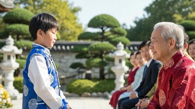 Generational respect displayed in cultural ceremony amidst traditional garden setting
