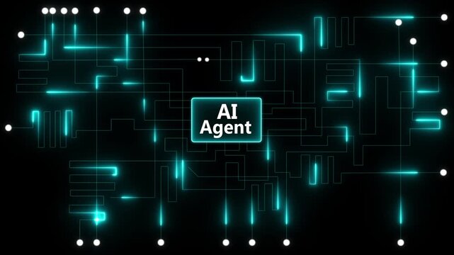 Glowing green circuit board network with AI agents text in center, AI interface visualizes algorithm and code for futuristic smart network design and digital innovation concept